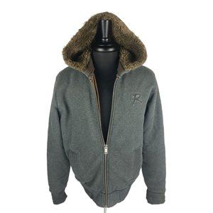 Ruehl No.925 Mens Faux Fur Fleece Hoodie Coat Jacket R Emblem Size Large
